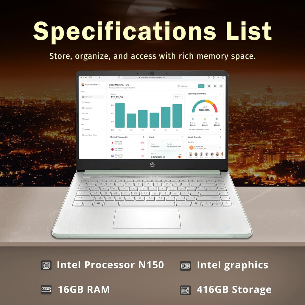 HP 14-inch Ultra Light Laptop W/1 Year Office 365&AI-Copilot, Intel Processor N150, 16GB RAM, 416GB Storage (128GB UFS + 288GB Docking Set), HD Camera, Long Battery Life, Wi-Fi 6, Win 11s, Green