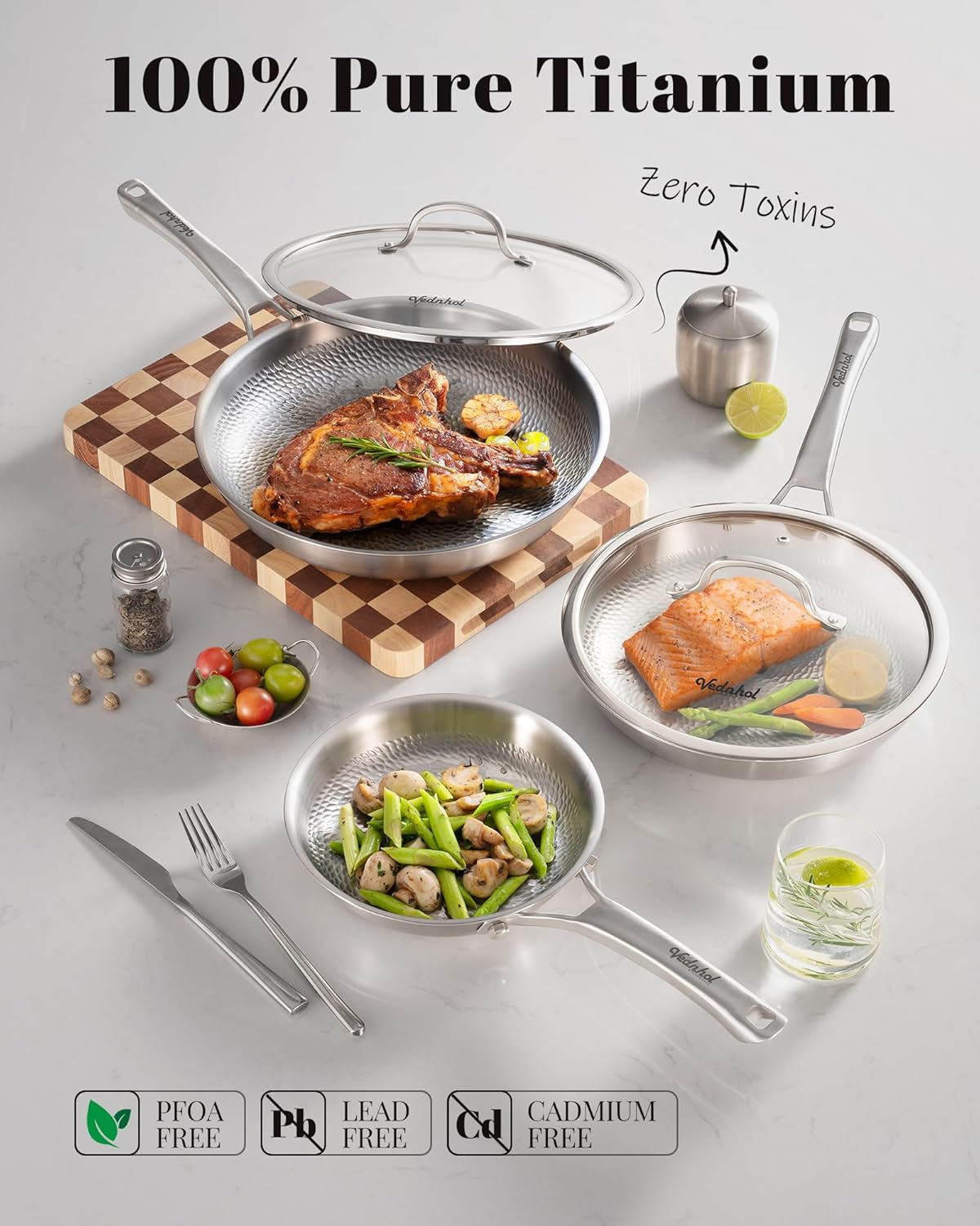 Titanium Pans set, 8 Pcs Pure Titanium Hammered Pro with Lids, Non Stick Skillet for Cooking, Non-Toxic, PFAS/PFOA/PTFE Free Cookware, Dishwasher&Oven Safe, Kitchen Induction Compatible